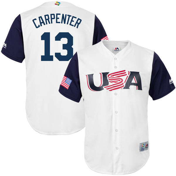 customized Men USA Baseball #13 Matt Carpenter Majestic White 2017 World Baseball Classic Replica Jersey->->MLB Jersey